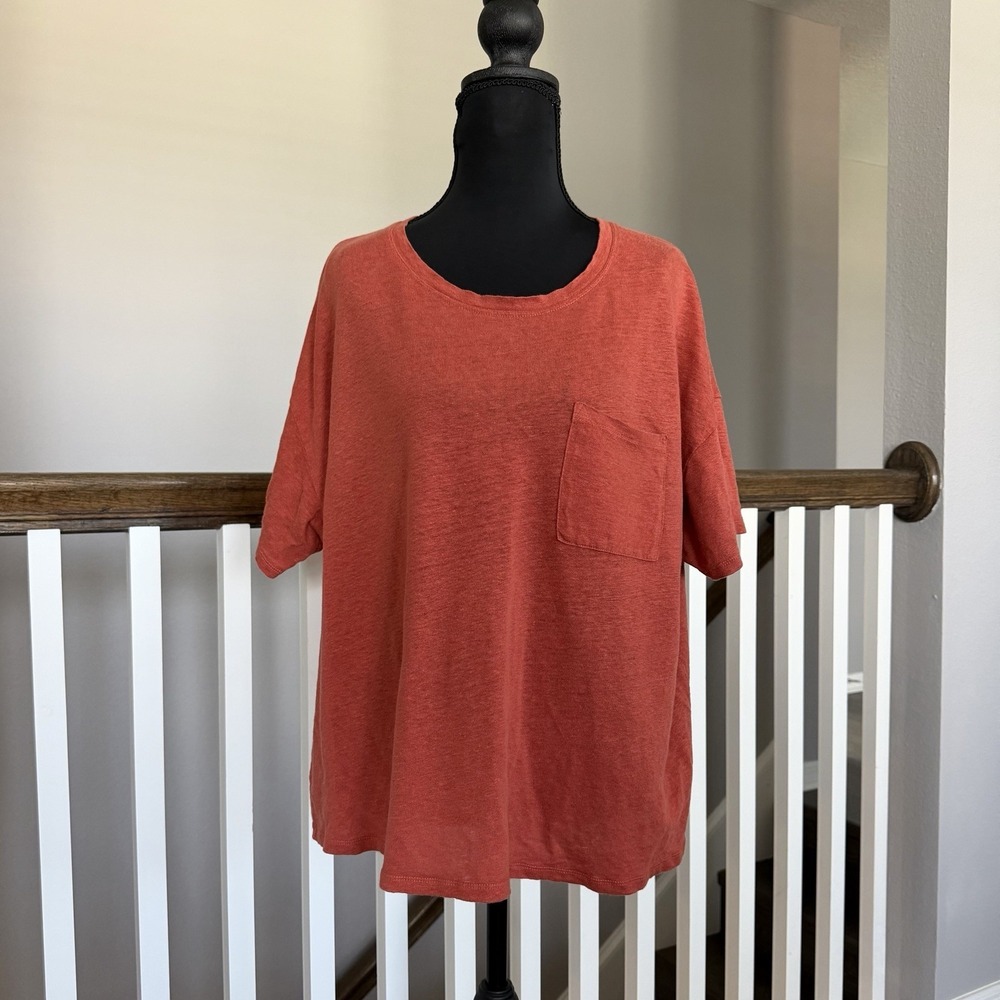 Faherty Womens 100 % Linen Short Sleeve T-shirt Large Rust Orange Top Lagenlook